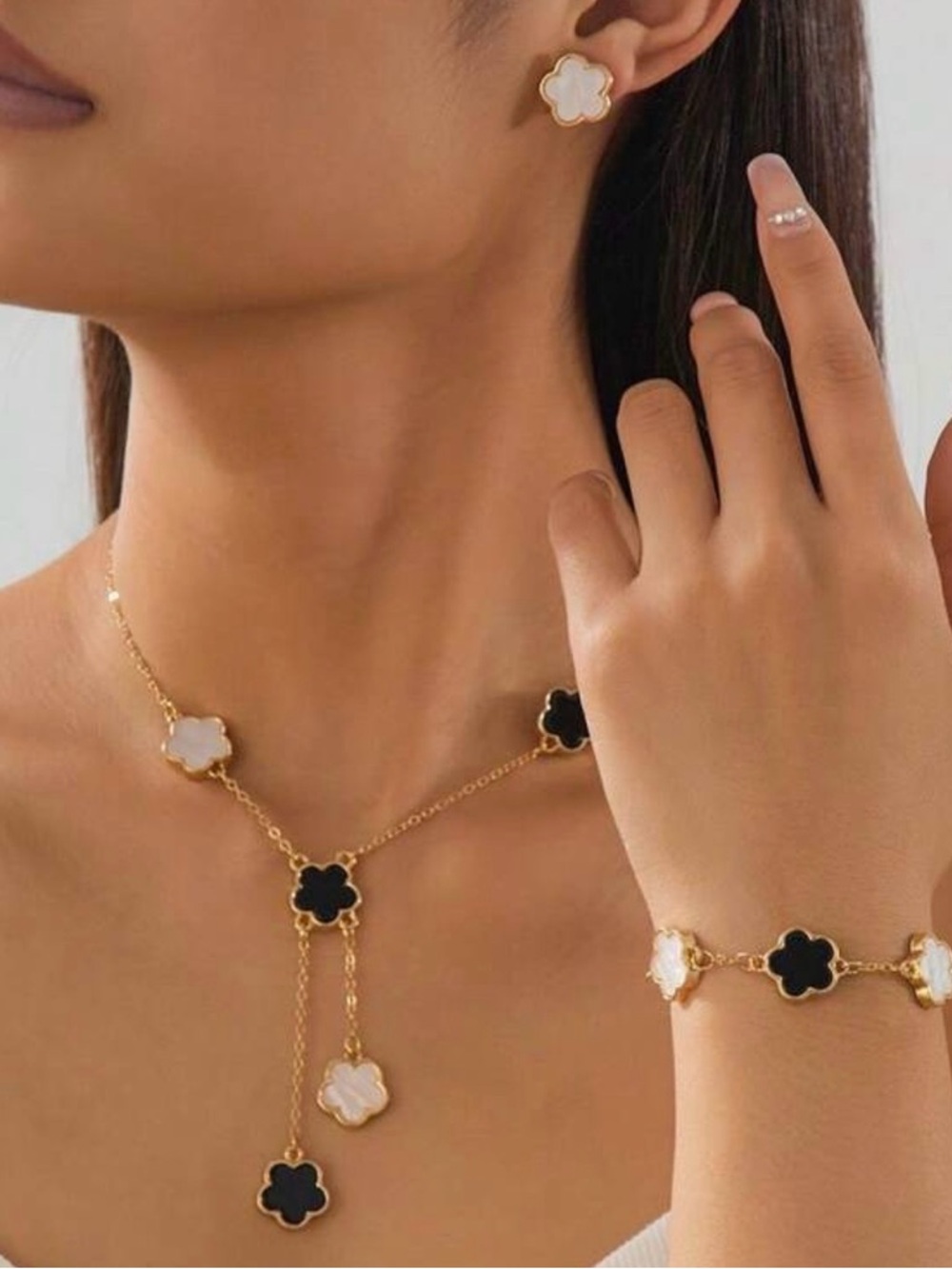 Macy's Gold-Tone Black & White Clover Necklace, Bracelet & Stud Earrings Set